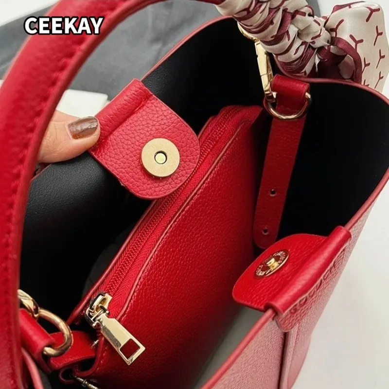 Heiß begehrte schlichte, hochwertige Damen-Umhängetasche aus PU-Material, vielseitige Bucket-Bag, modische Handtasche, Pendeltasche für Frauen – Detail 5