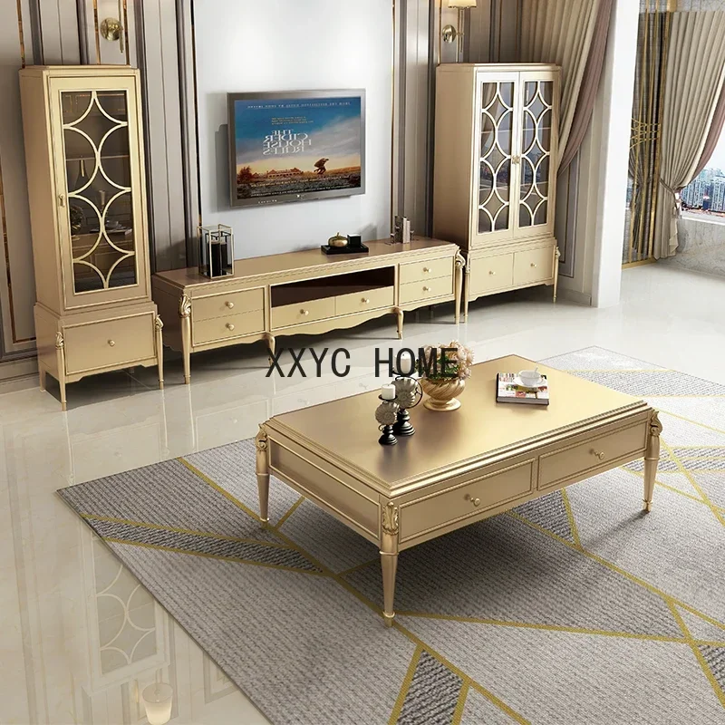 American light luxury full solid wood tea table TV cabinet combination living room corner several European oak tea table champag