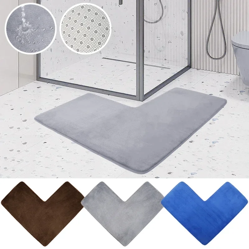 1PC Solid Color Coral Fleece L-Shaped Bathroom Corner Mat Durable Water Absorption Floor Mat Soft Non-slip Bath Mat Bathroom Rug