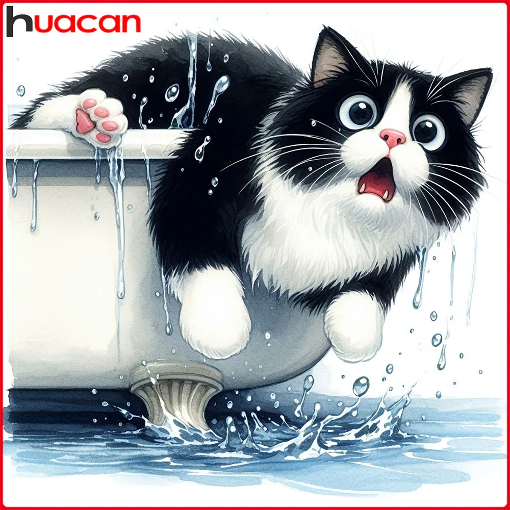 Huacan Full Square Round Diamond Painting Cat Bath Diamond M