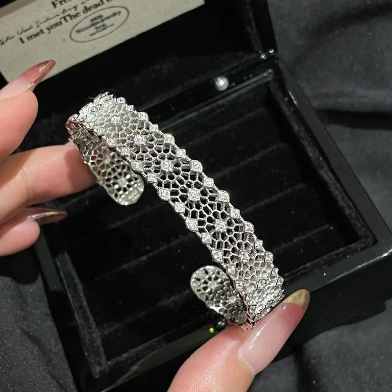 

New in sky star mesh brushed bracelet for women silver 925 full diamond lace hollow out bangles wedding jewelry gift adjustable