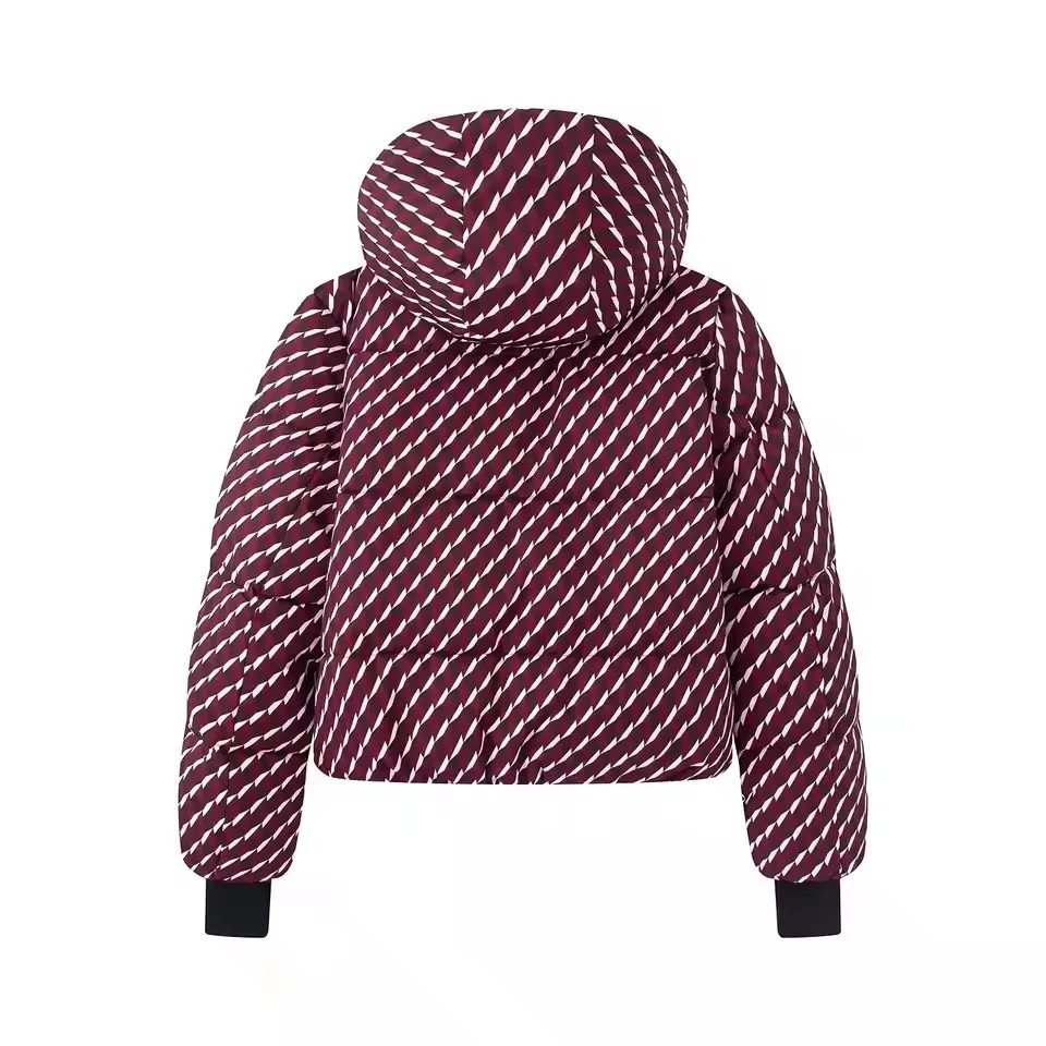 2026 New Winter Women's Elegant Hooded Zipper Burgundy Skiing Padded Sport Coats Lady Chic Thicken Warm Windproof Jackets Parkas