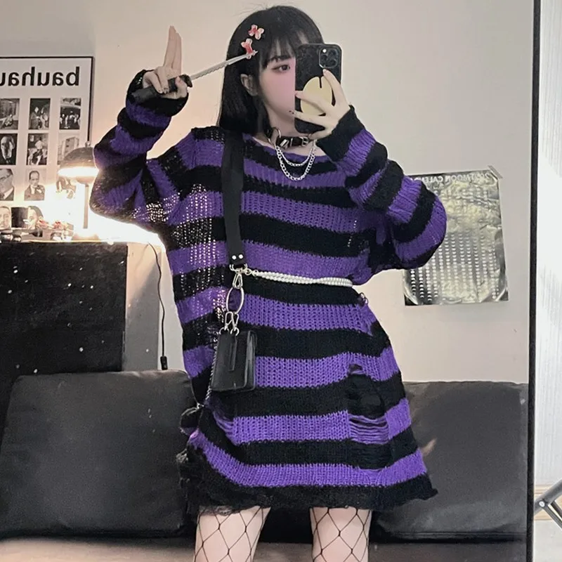 Karrram Goth Sweater Purple Striped Punk Style Lolita Pullover Japanese Harajuku Hollow Out Knitted Jumpers Alt Clothes E-girls