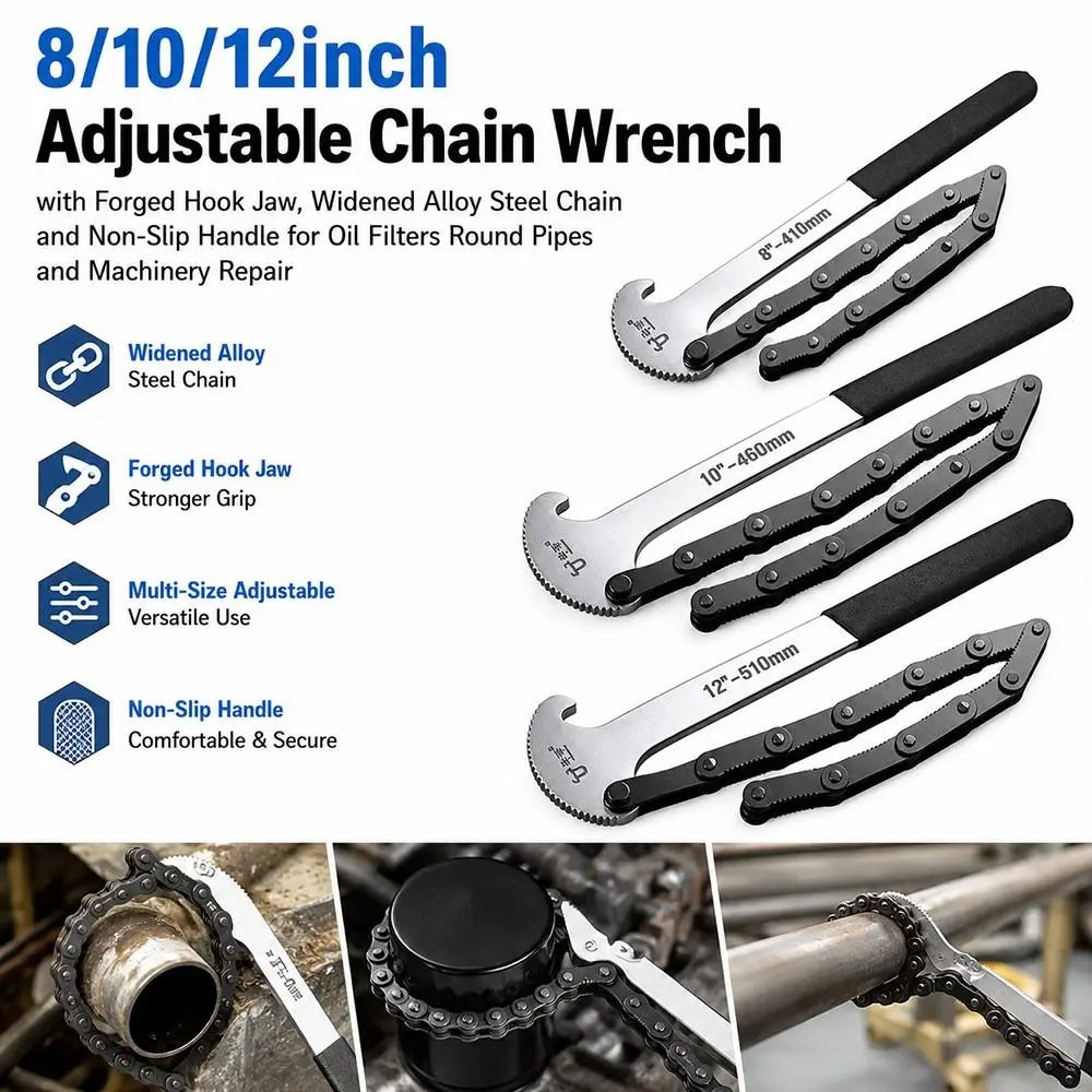 8/10/12inch Chain Pipe Wrench Alloy Steel Forged Hook Jaw Hook Chain Wrench Widened Chain Links Non-Slip Handle
