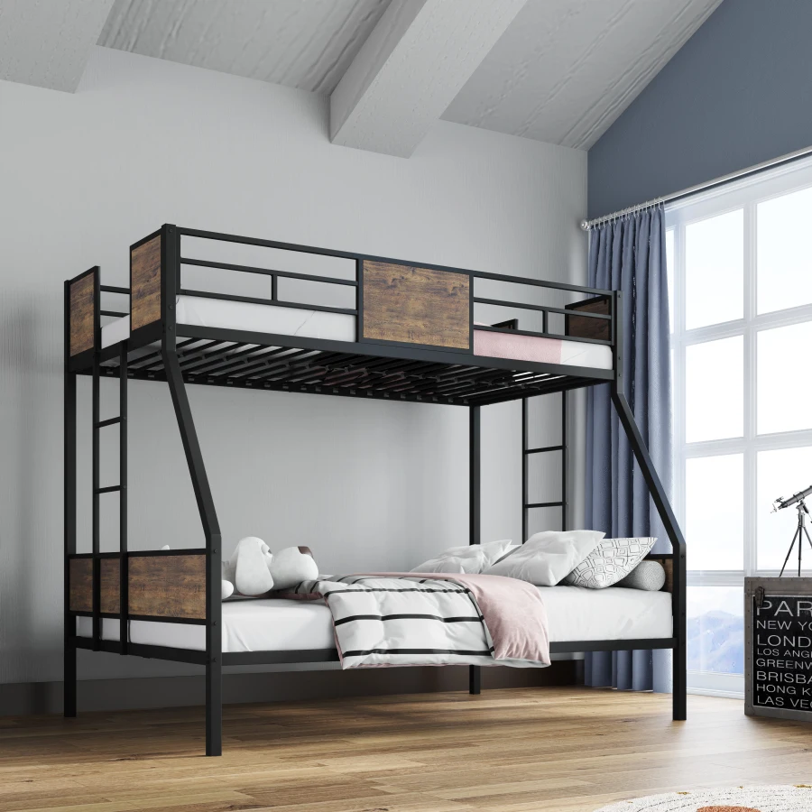 Twin Over Full Bunk Beds, Metal Bunk Bed Frame with Safety Guardrail and 2 Ladder for,Sturdy Metal Frame and Protective Board S