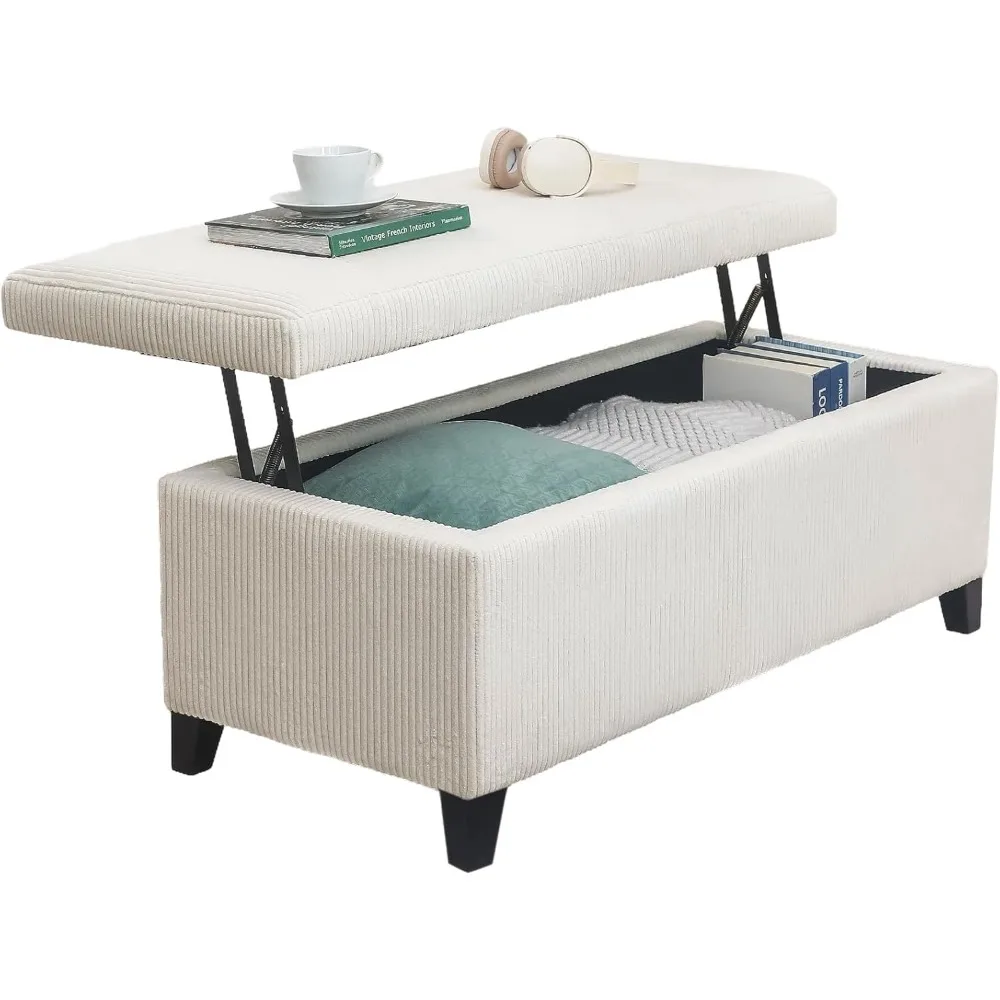 Beige Corduroy Fabric Storage Ottoman Bench, 42 Inches Rectangular, with Lift Top for Living Room