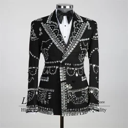 Terno de casamento metálico prateado para homens, smoking ornamentado, blazers de baile masculino, terno prateado, jantar do noivo, joias masculinas, casais, conjunto de 2 peças