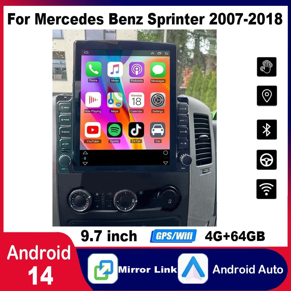 ملاحة السيارة 9.7 بوصة مناسبة لـ Carplay + Android لـ 4+64G لسيارة Mercedes Benz Sprinter 2007-2018 وراديو الرأس Android14 GPS