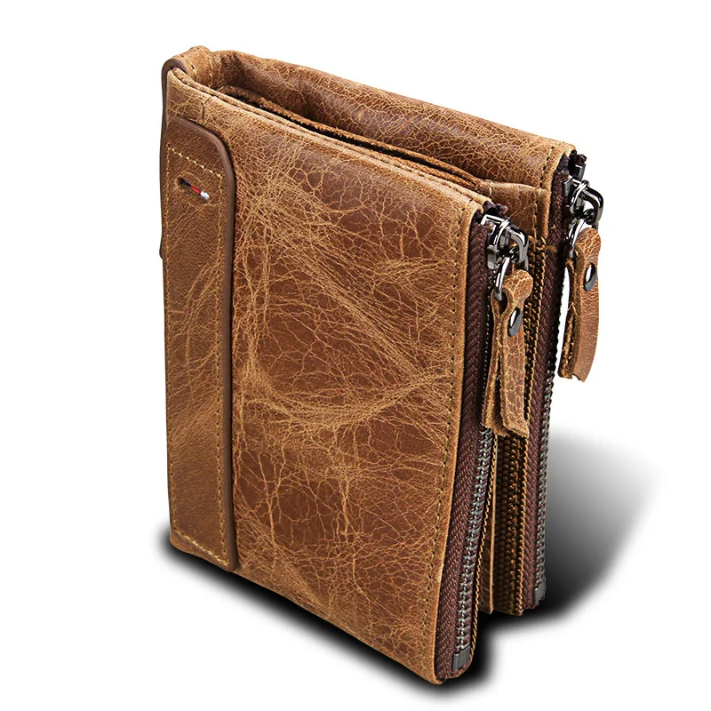 

Leather men's small wallet RFID anti-theft brushed leather short men's bill clip wallet double zipper card holder coin purse