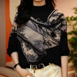 Women's Clothing 2024 Autumn Winter Korean Fashion Vintage 3D Print Basic T-shirt Elegant O Neck Long Sleeve Loose Pullover Tops