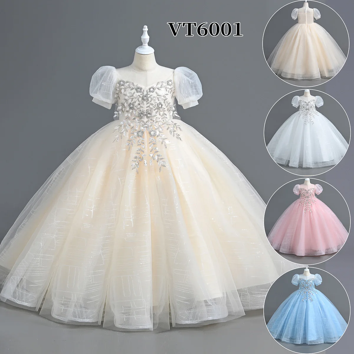 

New Birthday Summer New Piano Performance Dress Long Host Mesh Sequin Girls' Princess Dress High End Summer Children's Dress