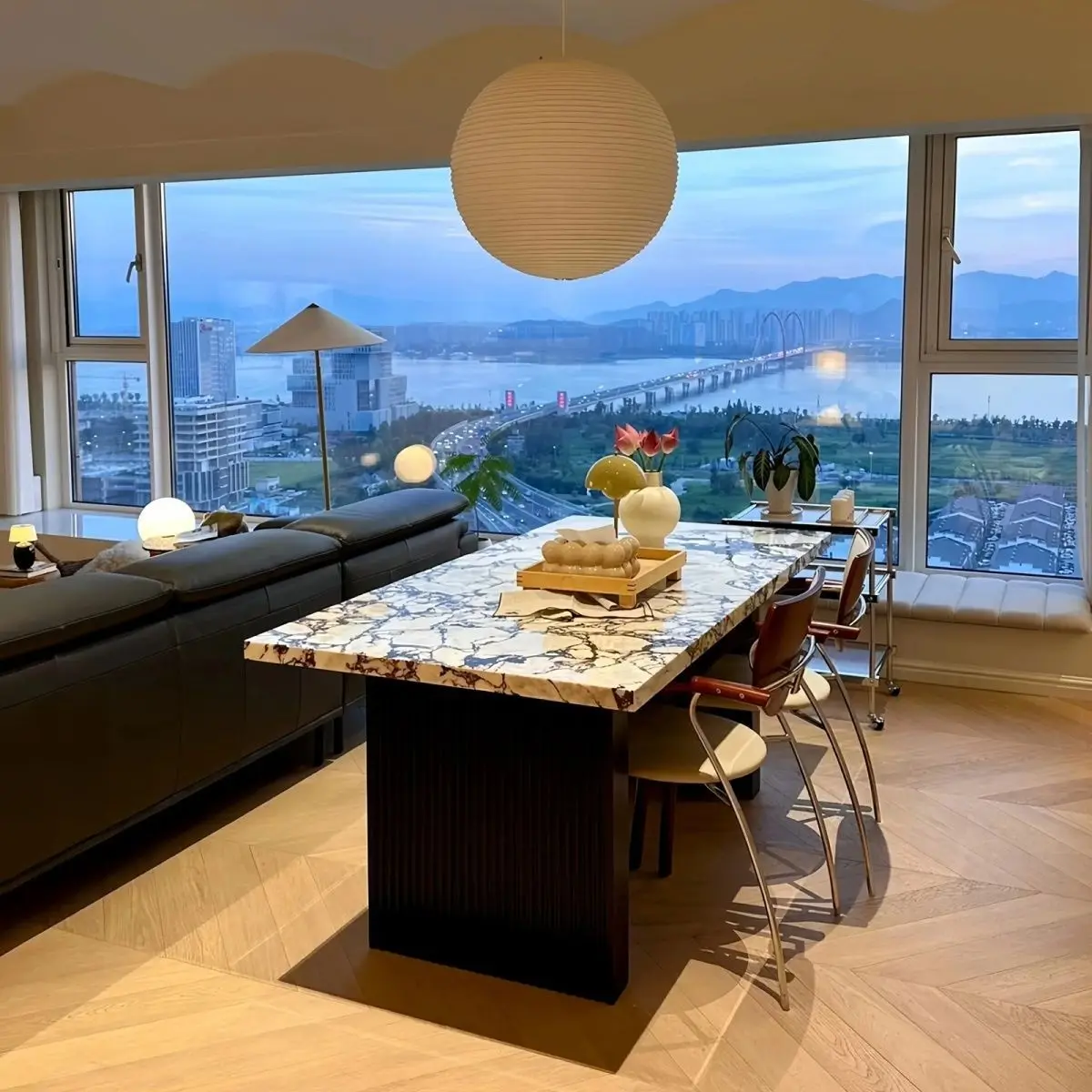 French Bulgari marble dining table and chairs Small apartment light luxury simple household rectangular marble modern
