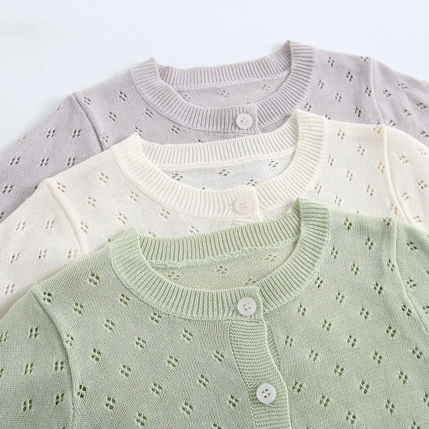 Baby round neck knitted cardigan Korean version spring and summer new item, ultra-thin hollow sun protection shirt