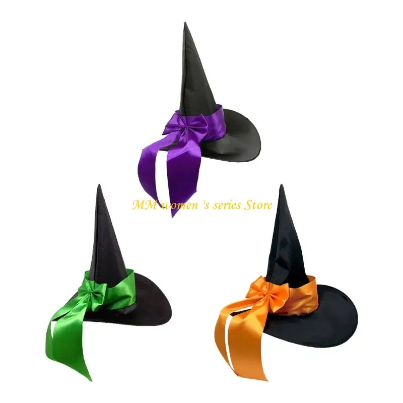 Q39C Halloween Costume Witch Hat with Large Bowknot Wrap For Festival Event Character Cosplay Headwear for Adult Stage Show