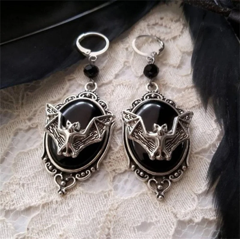 Gothic Vampire Bat Sweater Necklace Silver Plated Framed Bat Cameo Necklace Halloween Witch Crystal Necklace Gift for Bat Lover