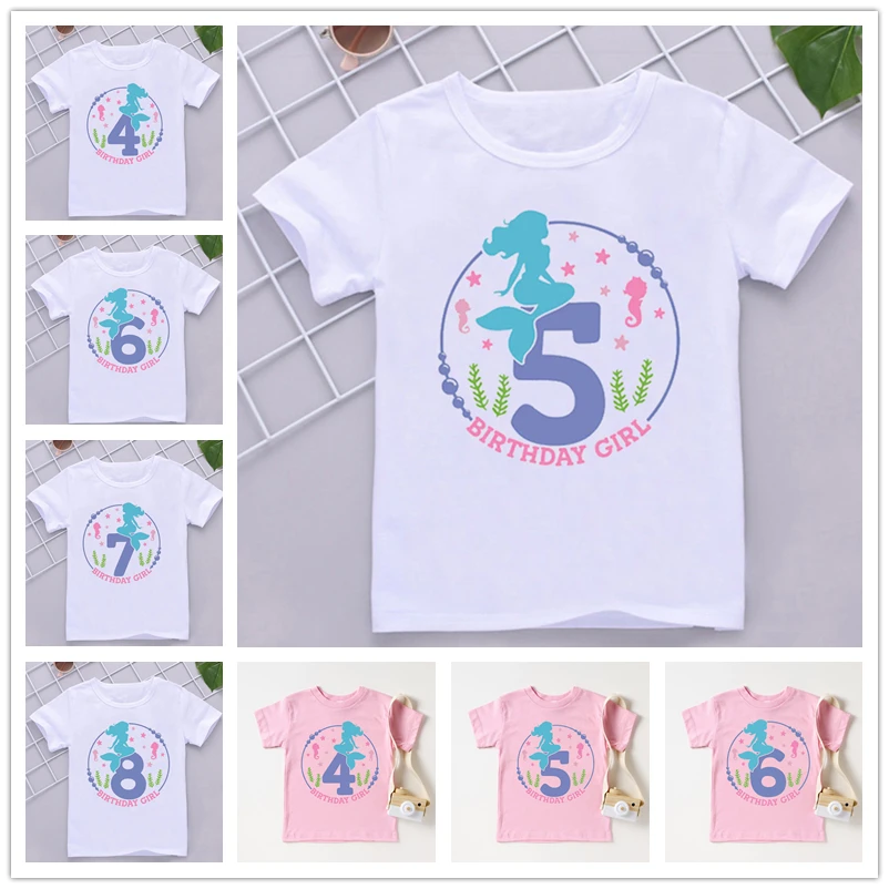 

t-shirt for girls Mermaid Seahorse Number Tshirt 4 5 6 7 8 9th Birthday T Shirt Kids Clothes Girls T-Shirt Short Sleeve T-Shirts