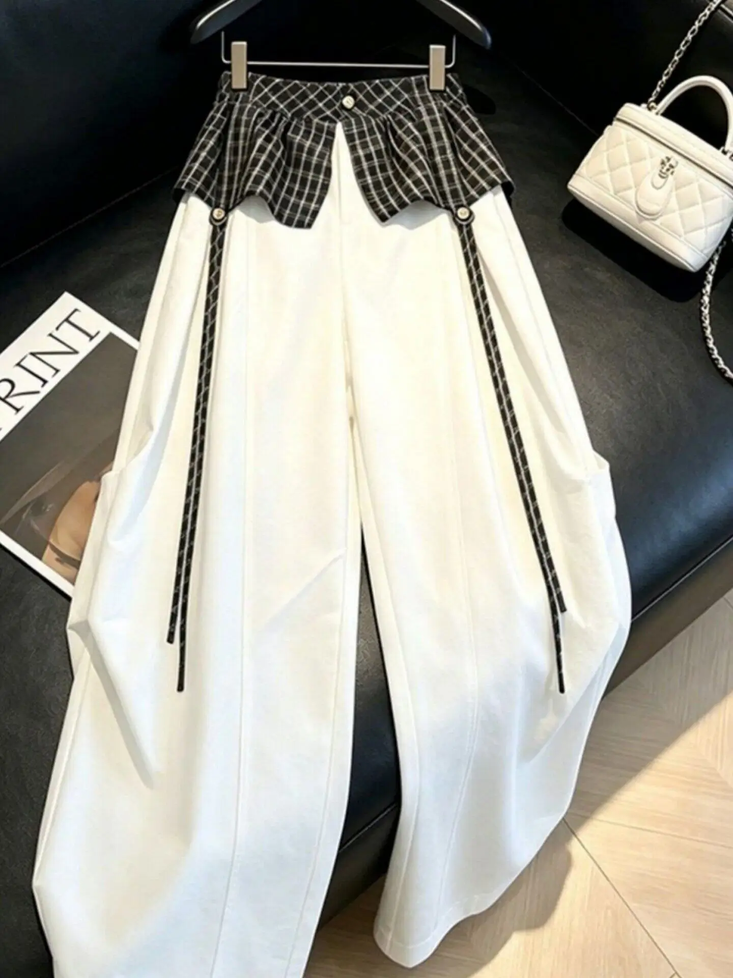 High Waist Casual Pants Women's Spring Summer 2026 New Plaid Splicing Wide Leg Workwear Trousers Trendy Straight Leg Pants