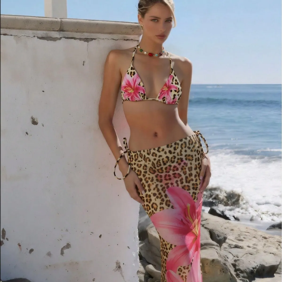 Leopard Pink Lily Flower Print Halter Triangle Bikini Set for Women Long Wrap Skirt Beach Swimwear Cover‑Up Holiday Summer