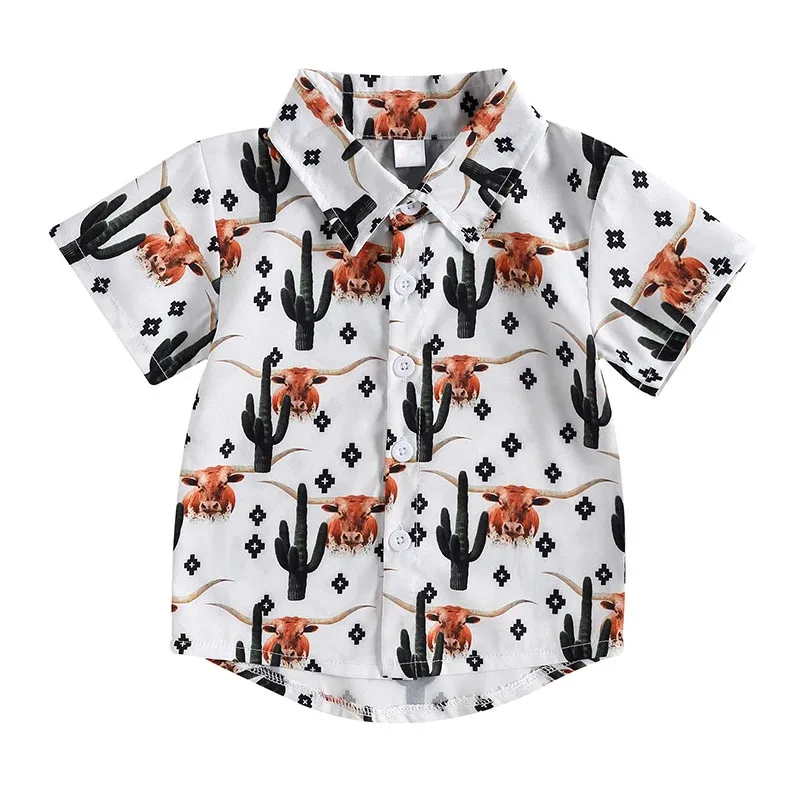Children Clothes Girls Boys Shirt Short Sleeve Cartoon Collar Shirts Bull Print Street Party Casual Loose Summer Tops