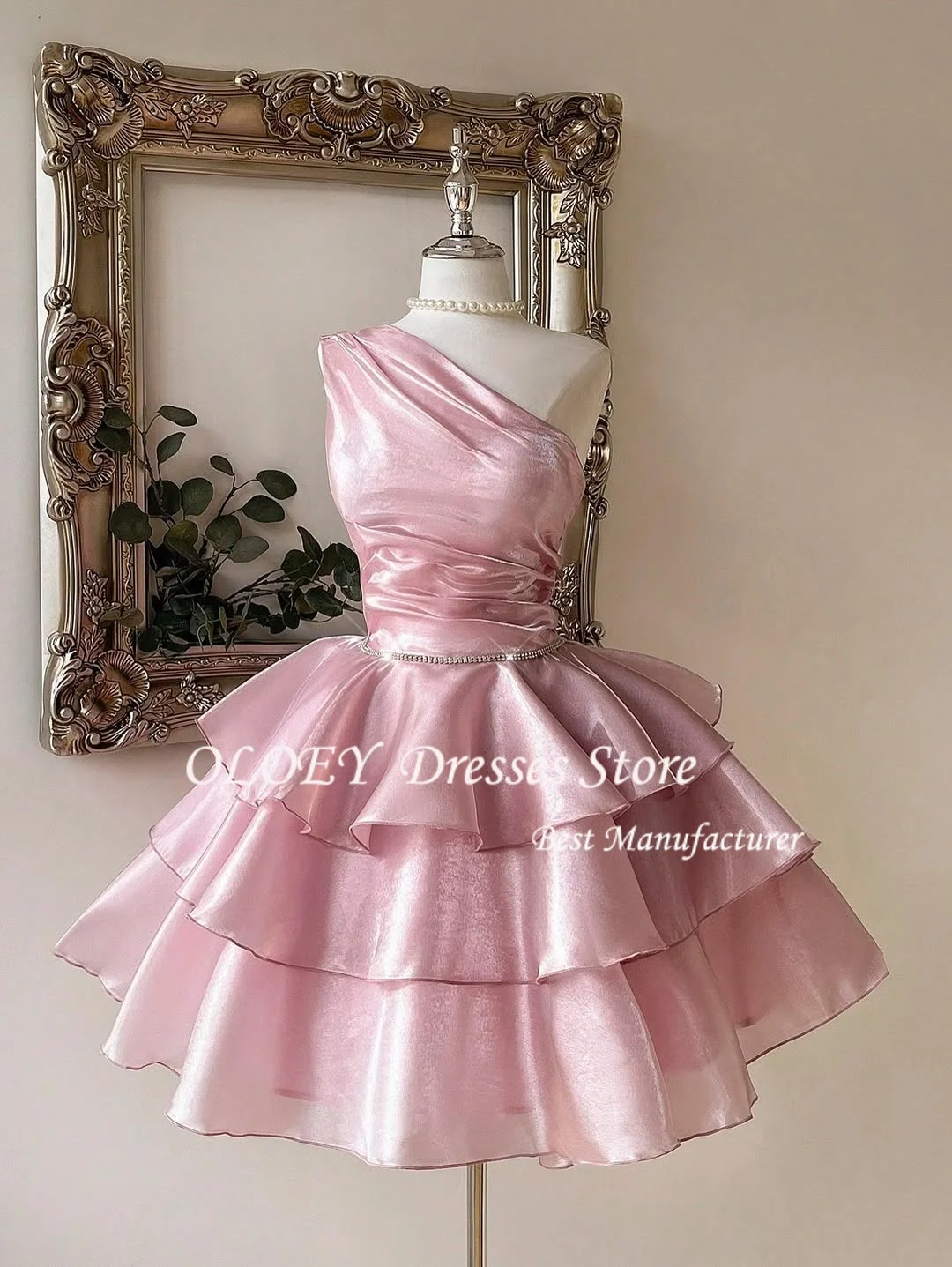 OLOEY Dusty Blue Elegant Evening Dress One Shoulder Layered Chiffon Short Party Dress Backless Sleeveless Formal Gown Customized