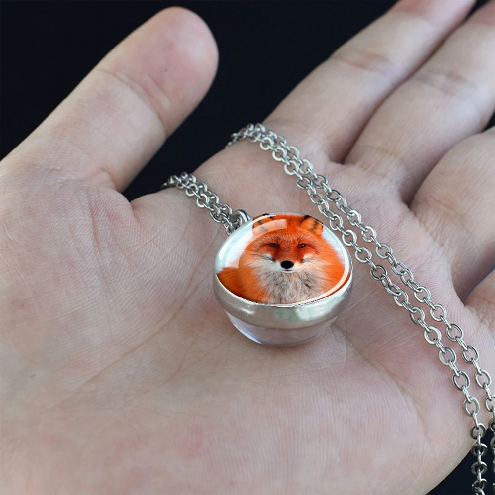 Lovely Red Fox Necklace for Women Men Cute Animal Double Side Glass Ball Pendant Alloy Chains Necklaces Fashion Jewelry Gifts