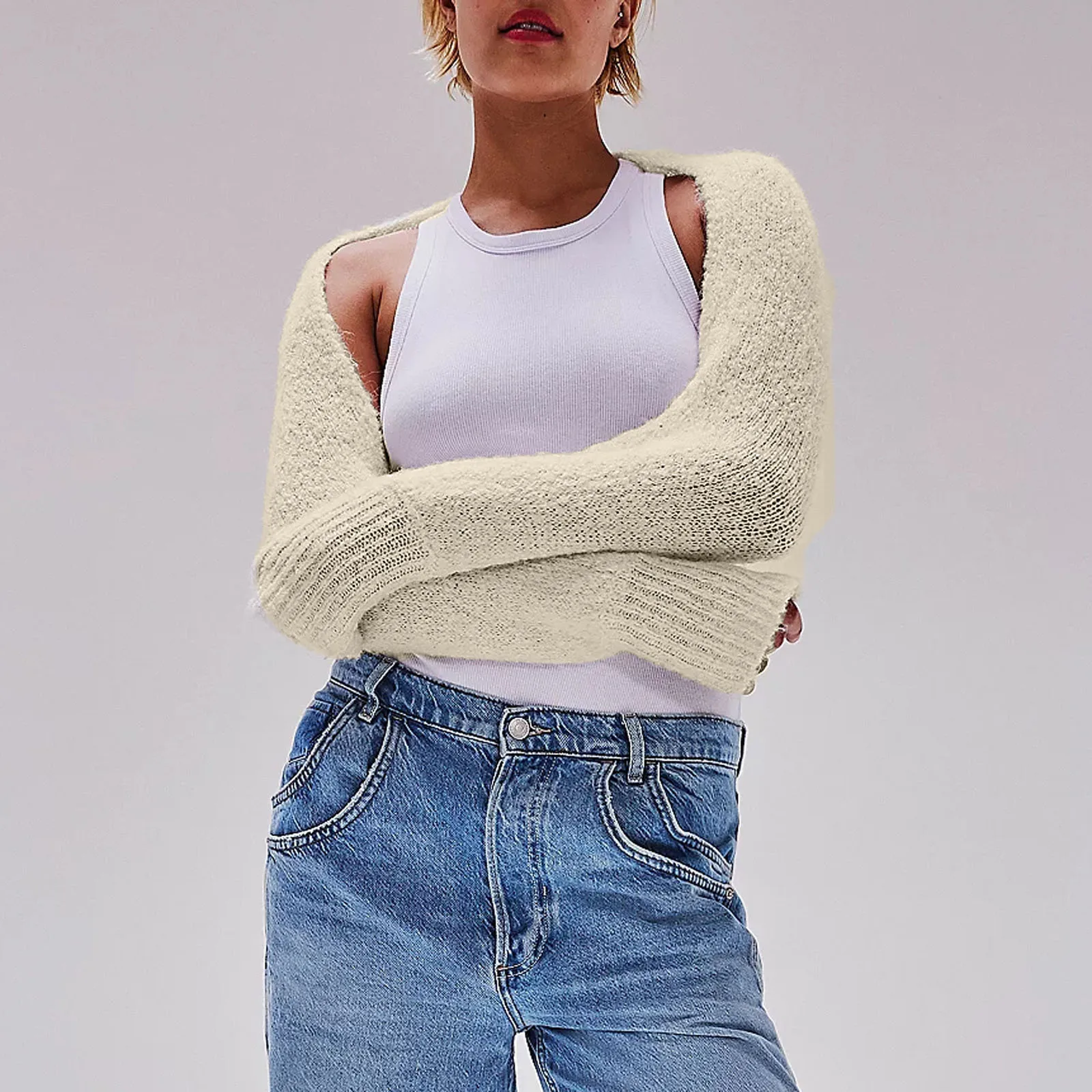 Women Autumn Winter Short Knitwear Long Sleeve Solid Color Open Front Knit Shrug Crop Cardigan Tops Harajuku Club Streetwear