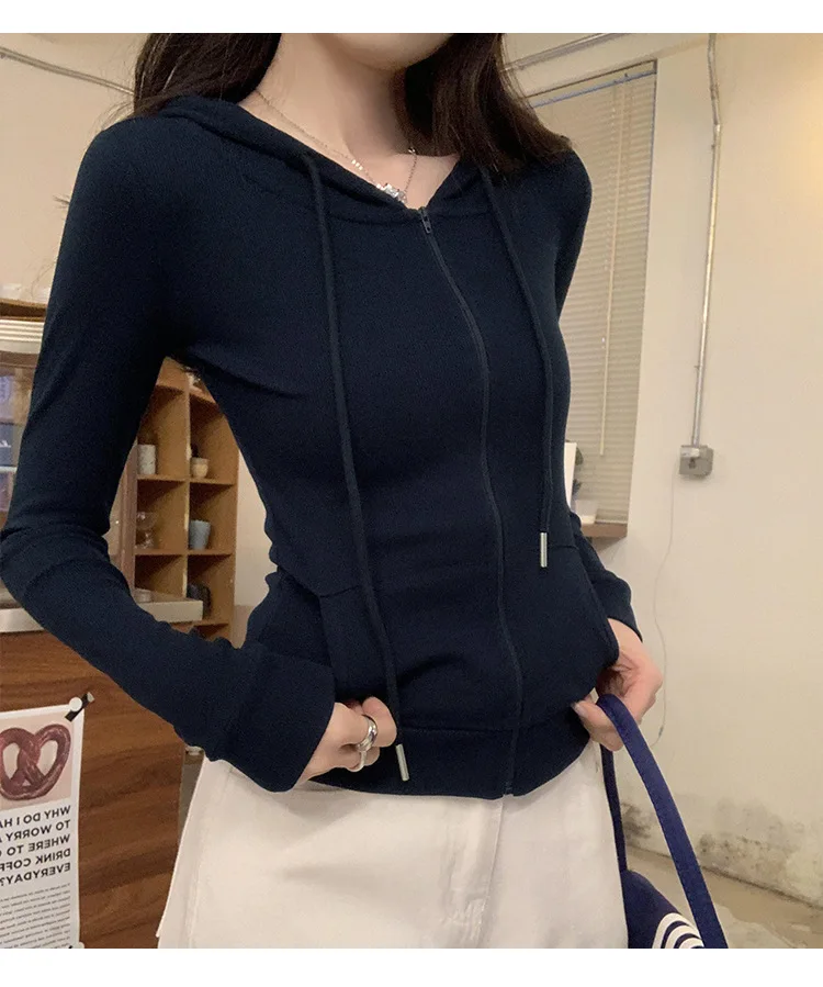 Hooded Zipper Long Sleeved Jacket For Women, 2024 Autumn And Winter New Slim Fit Cardigan Top