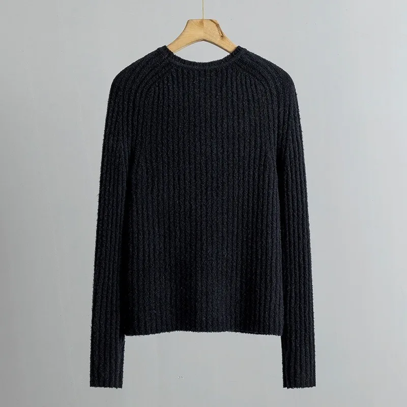 2024 Early Spring New Round Neck Pullover Rib Yarn Wool Knitted Slim Minimalist Sweater for Women