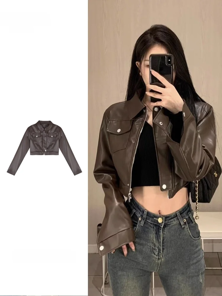 

Brown Leather Jacket Women's Loose Short Outerwear Spring Autumn 2023 New Style Commute Style Long Sleeve Slim Fit Other Mate...
