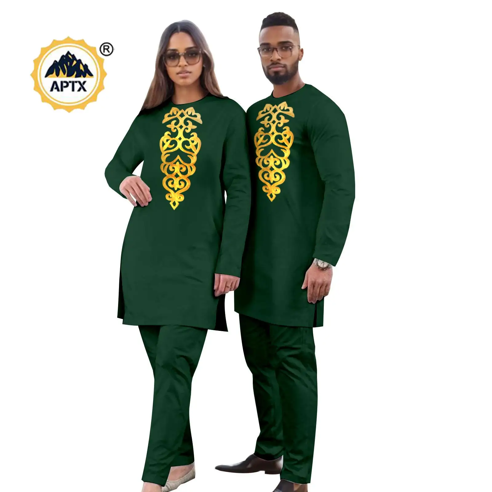 African Clothes for Men 2 Pieces Sets Matching Couple Outfits Bazin Riche Appliques Top and Pants Sets Dashiki Outwear 24C030