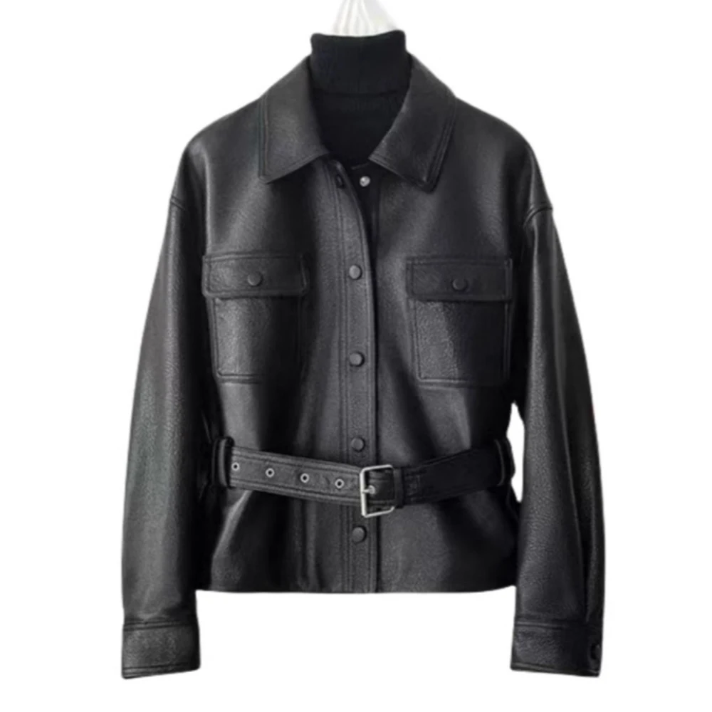 Short Leather Jacket for Women Korean Style Turn-down Collar Autumn Winter Fashion Versatile Simple Lace Up Black Coat with Belt