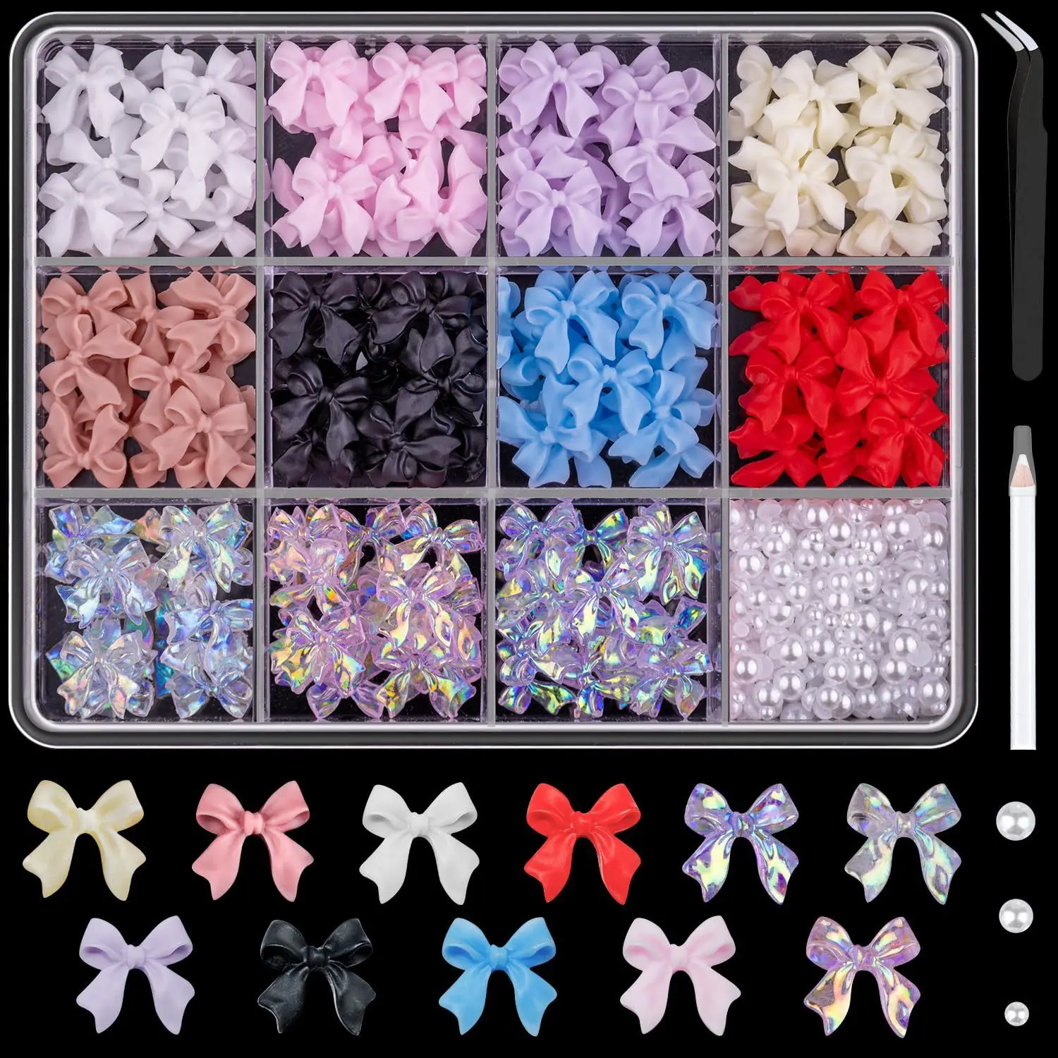 Buy in Bulk Pay One Shipping Fee Only 12 Slots Mixed Bow Ribbon Nail Art Resin Charms Beads Jewelry DIY Nail Art Accessories