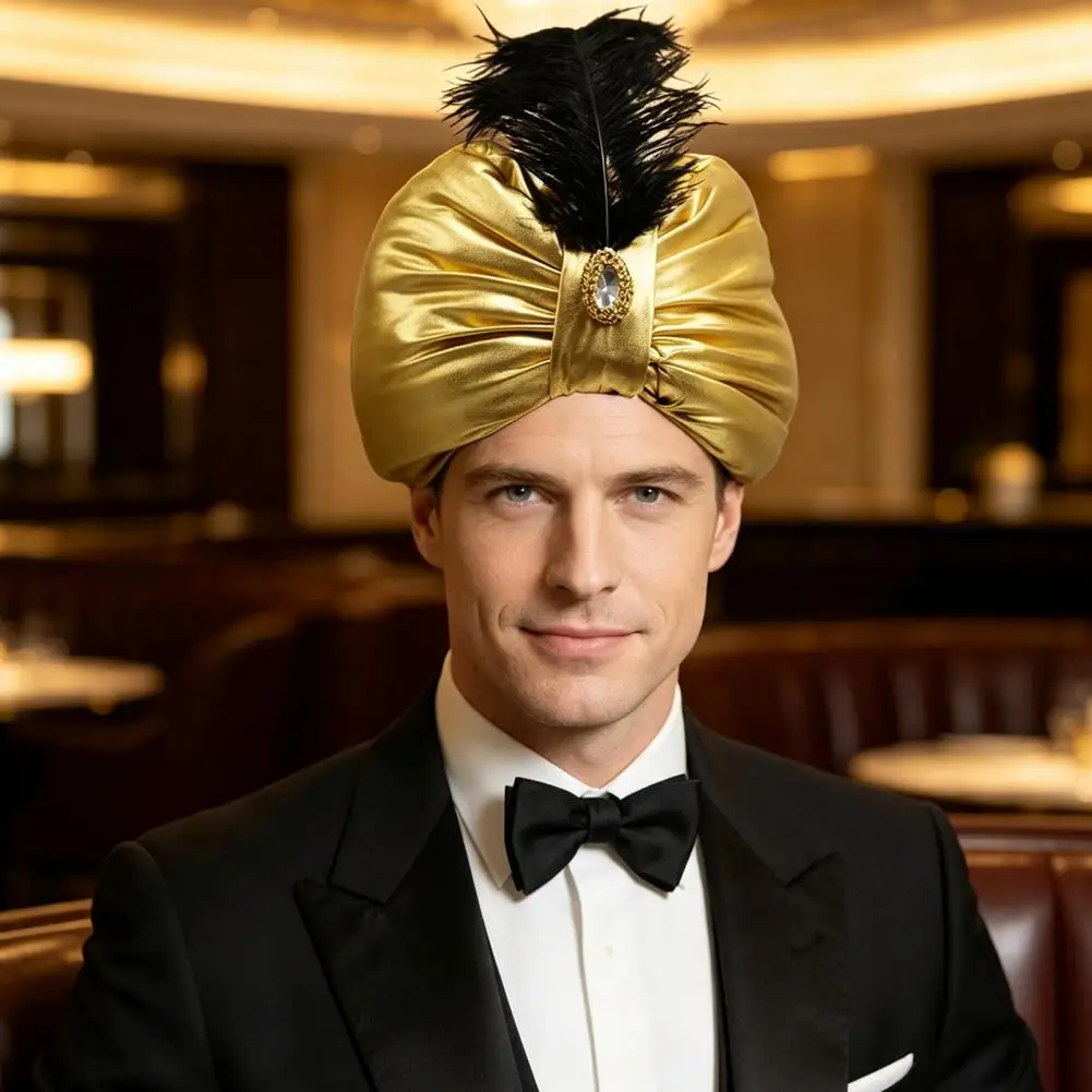 Chief Feather Hat Unisex Turban Hat with Gold Gems Feather Novelty Head Wrap Easter Costume Accessory for Men Women Gold Satin