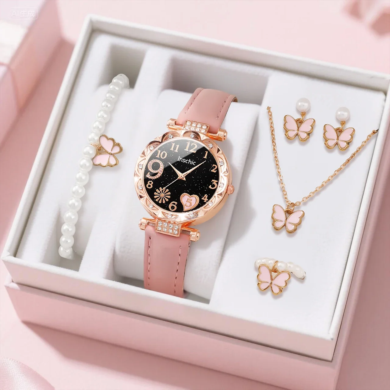 6-piece fashionable ladies' cute quartz watch with necklace set, suitable for daily wear and gift-giving on festivals