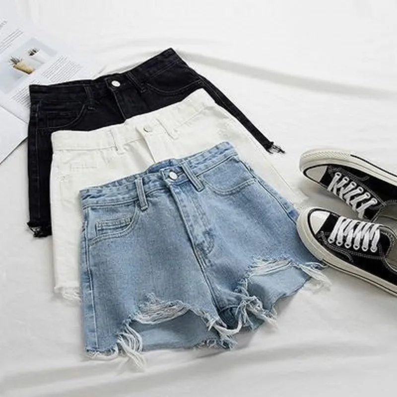 

High Waist Cotton Blend Women's Denim Shorts Summer Versatile Slimming A-Line Frayed Hem Torn Jeans High Waist PU Fabric