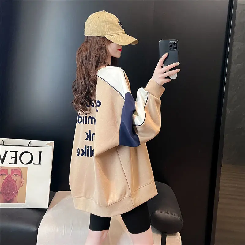 Autumn Winter Casual Patchwork O-neck Long Sleeve Mid Length Top Female All-match Letter Loose T-Shirts Women Clothing Trend