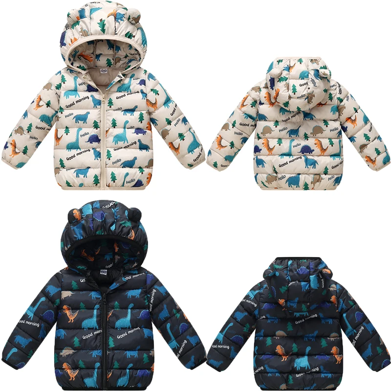 Autumn Winter New Boys Jacket Cartoon Dinosaur Print Thick Warm Hooded Zipper Light thin Coat For 2-6Y Girls Cotton Down Outwear