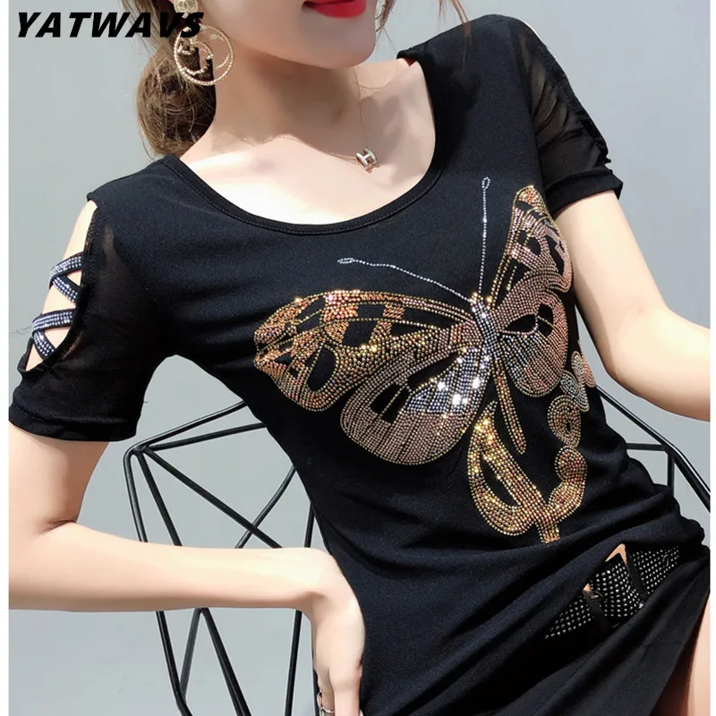 Fashion Gold Butterfly Diamonds Women Backless T-Shirt Sexy Stretch Spliced Gauze Offf Shoulder T Shirt Top Girl Streetwear Tees