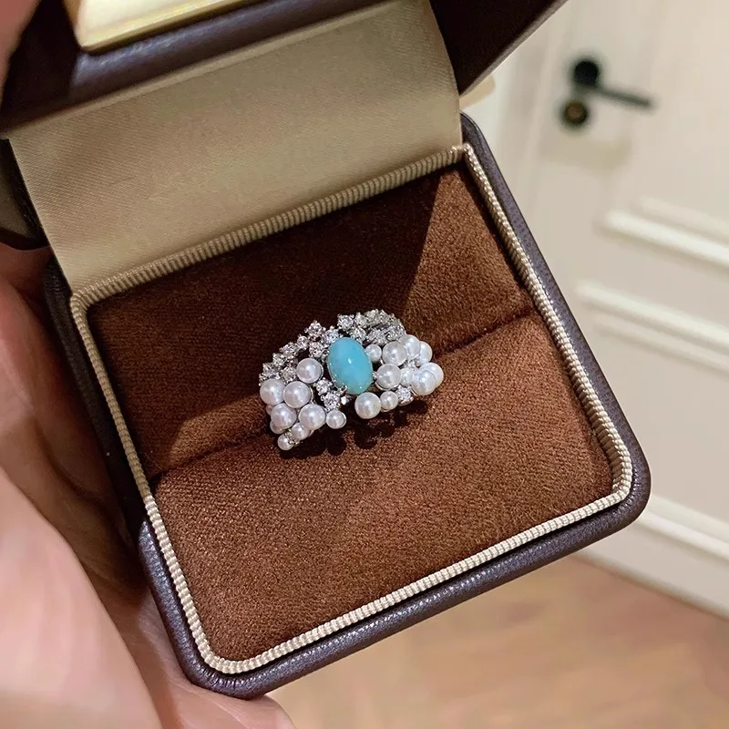 argento 925 vintage diamante intarsiato perla turchese anello leggero lusso anelli romantici di fascia alta per regali di gioielli di moda da donna