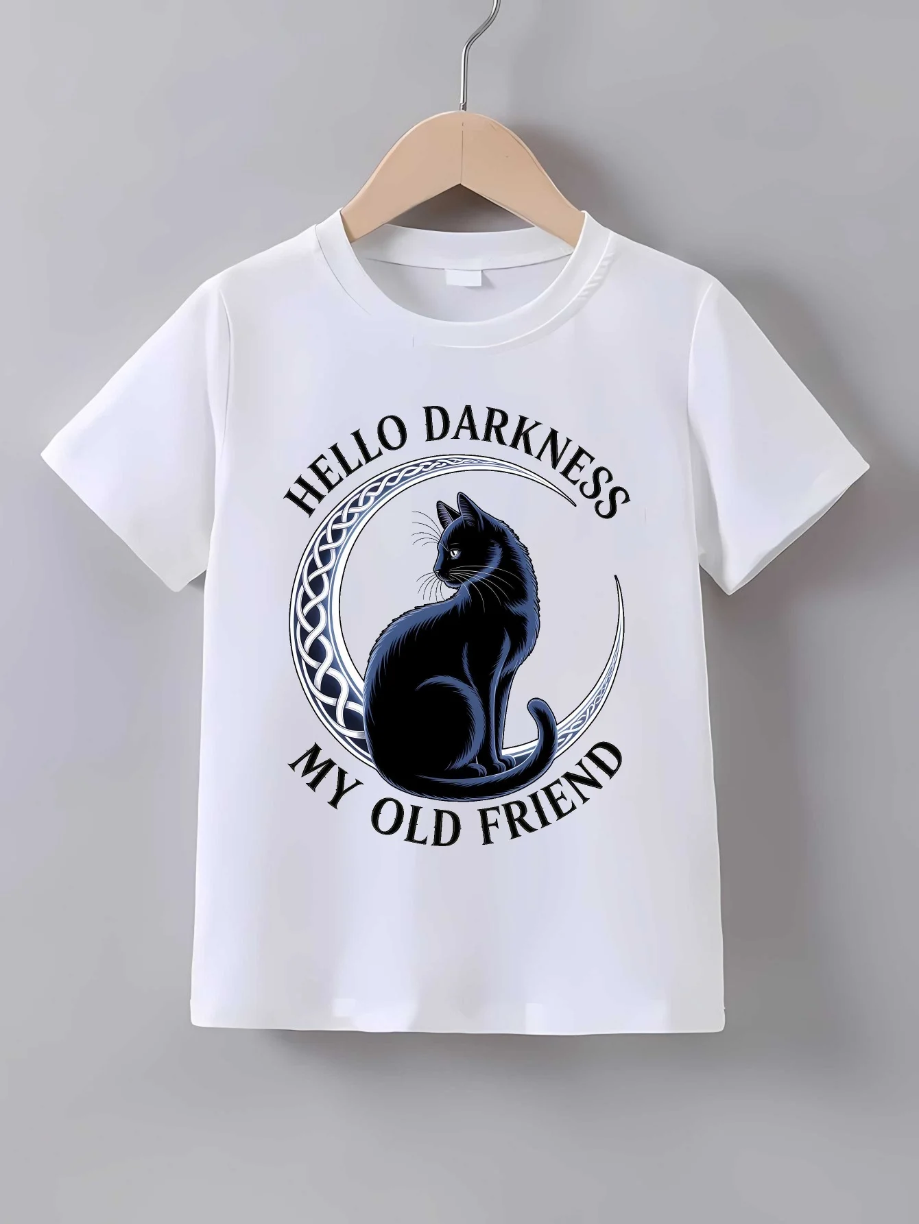 Hello Darkness My Old Friend Black Cat Moon Print T Shirt Family Matching Outfit Boys Girls Kids Short Sleeve Children Daily Tee