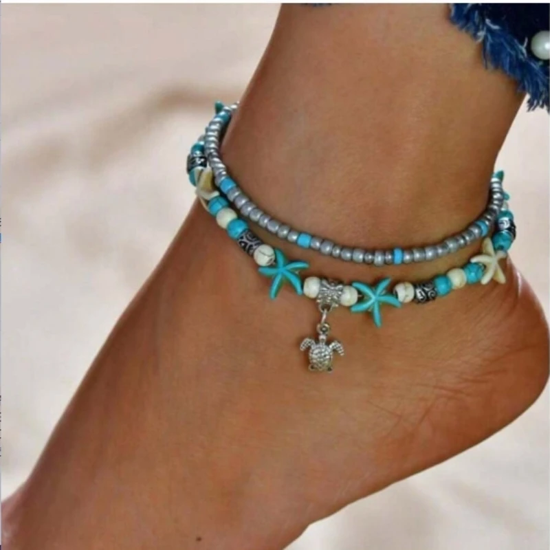 1 peça tornozeleira boêmia com decoração de tartaruga e estrela do mar com contas em camadas para mulheres para viagens de verão na praia