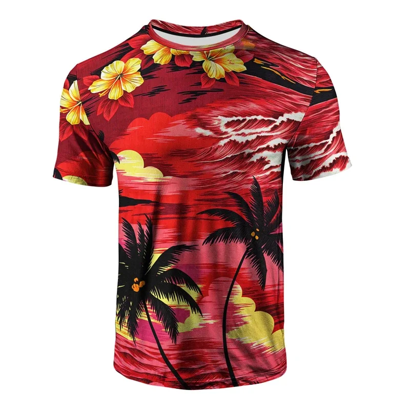 Hawaii-Style Herren-T-Shirt mit rotem Blumenmuster, tropische Palme, Rundhalsausschnitt, kurze Ärmel, lässige Sommer-Streetwear, atmungsaktives T-Shirt