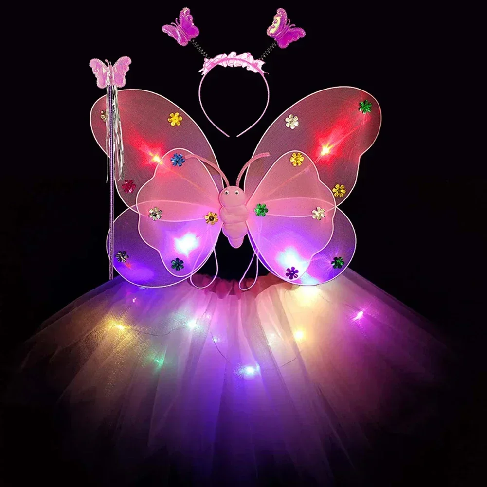 Juego de 3/4 unidades de diadema de doble capa para niñas, luz Led intermitente, varita de ala de mariposa de Hada, disfraz de juguete, regalo de decoración de Halloween