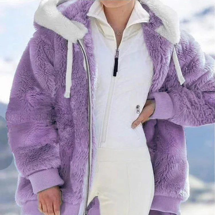 Damski płaszcz zimowy duży rozmiar ciepły futrzany z kapturem kurtka dojazdy do pracy długi sweter rozpinany włókno trikotowo-acetylowe damskie C...