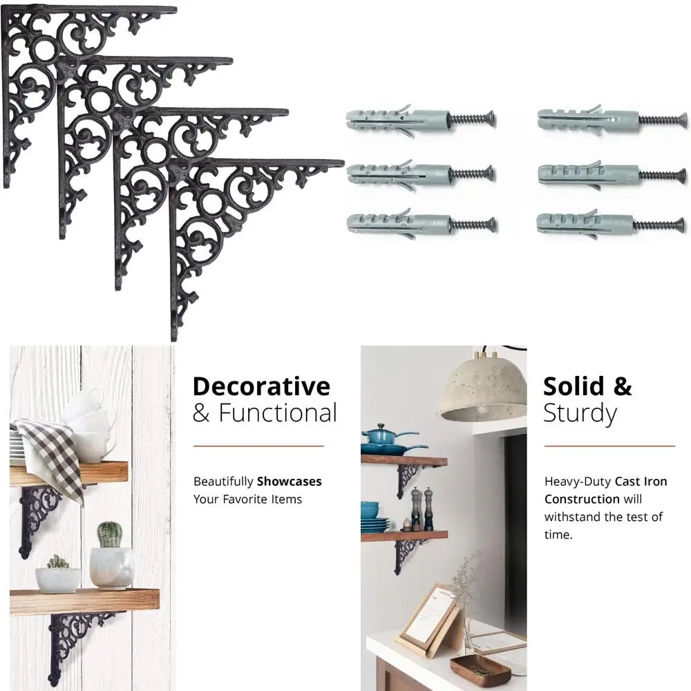 

Black Cast Iron Metal Shelf Brackets, 4-Pack, 8x1.6x8 Inch, Decorative Support Brackets for Wall Shelves