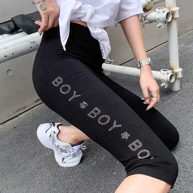 2023 New Summer Modal Mid-calf Leggings for Women Outside Weaing High Stretch All-match Thin Legging Hot Drilling Yoga Pants