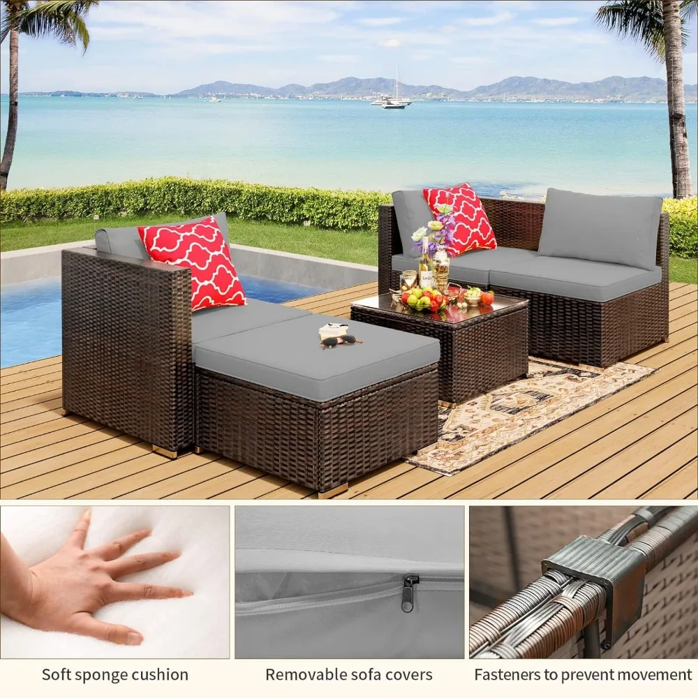 Outdoor Patio Sofa Set PE Wicker Rattan Sectional Conversation Sofa with a Glass Coffee Table for Backyard Porch Poolside Patio