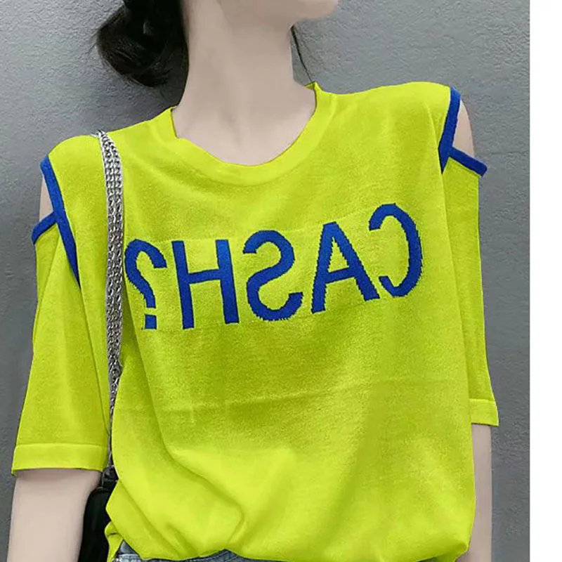 Fashion O-Neck Spliced Letter Off Shoulder Blouse Women's Clothing 2023 Summer New Casual Pullovers Loose Commute Shirt