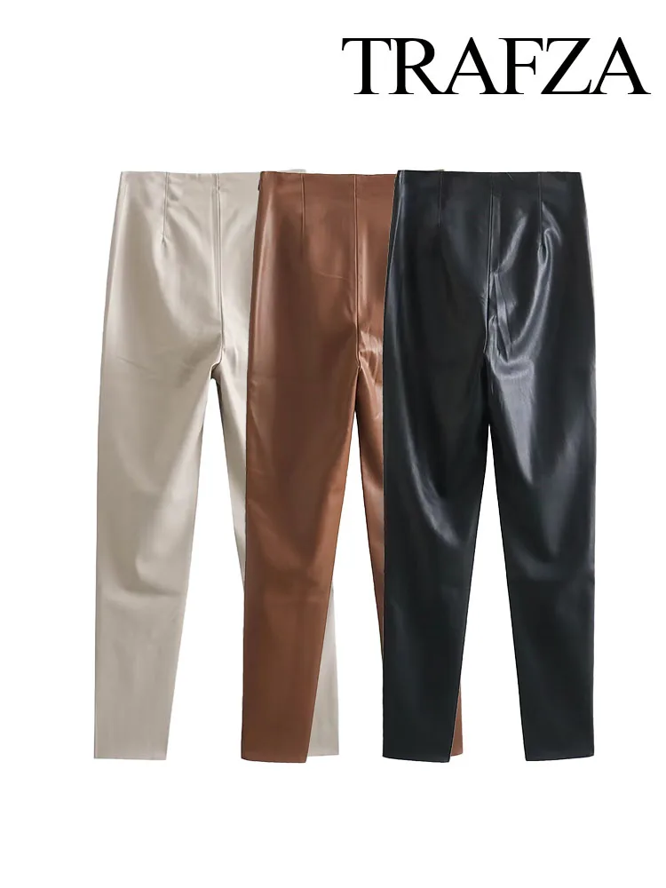 Imagem -02 - Trafza-pu Faux Calças de Couro Stretch para Mulheres Cintura Alta Calças Lápis Calças Compridas Streetwear Elegante Sólido 2023