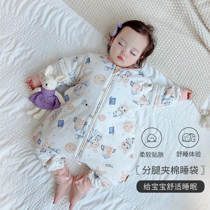 Kids Split Leg Sleeping Bag Cartoon Baby Autumn One-piece Pajamas Removable Sleeves Baby Kick Quilt Zipper Climbing Suit